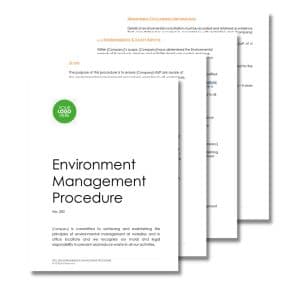 Three overlapping documents titled "Environmental Management System 301" with a green circle bearing the text "Your Logo Here" at the top left corner. The front page features the procedure number, Environmental Management System 301, and a brief description.