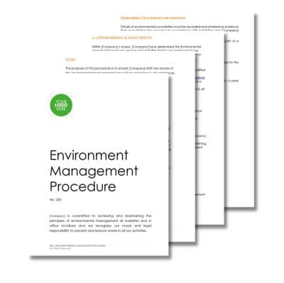 Three overlapping documents titled "Environmental Management System 301" with a green circle bearing the text "Your Logo Here" at the top left corner. The front page features the procedure number, Environmental Management System 301, and a brief description.