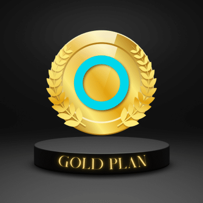 A Gold Plan with a blue inner circle and laurel wreath design is displayed on a black podium with "GOLD PLAN" written on it, offering unlimited access to documentation conforming to ISO standards.