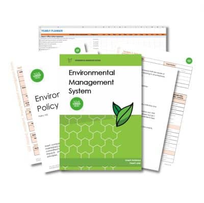 Environmental Management System 301 with a green cover and several open page inserts, including an Environmental Policy, a Yearly Planner, and other system documentation forms.