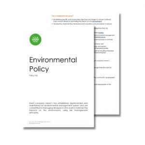 Two overlapping pages of an Environmental Policy 102 document. The front page features a placeholder for a company logo and text about commitment to environmental management, while the second page is partly visible.
