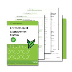 Cover and selected pages of an Environmental Management Manual 307 conforming to ISO 14001:2015, featuring green and white design elements with text forms and a leaf graphic.