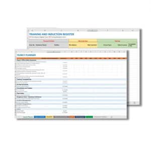Image of two spreadsheets. The first, titled "Training and Induction Register," includes sections for personal details, training, and evaluation. The second, titled "Yearly Planner," outlines various tasks and their status. Additionally, there's mention of an "Environmental Register 400.