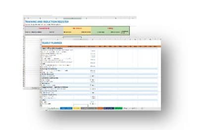 An image showing two spreadsheet documents, one titled "Environmental Register 400" with colorful headers, and the other a detailed "Weekly Planner" including tasks and schedules.