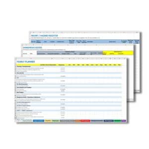 Three overlapping spreadsheet pages displaying a yearly planner, Work Health and Safety and Quality Register 405, and an injury/hazard register with various sections and structured tables.