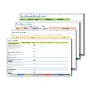 Four overlapping spreadsheet templates are displayed: Non-Conformance & Corrective Action, Plant & Equipment Register, Checklist Register, and Yearly Planner—all part of the Integrated Register 403.