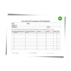 A form titled “Corrective & Preventative Action Form 404” with fields for job address, work description, incident details, corrective actions, responsible personnel, and signatures.