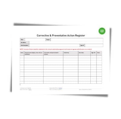 A form titled “Corrective & Preventative Action Form 404” with fields for job address, work description, incident details, corrective actions, responsible personnel, and signatures.