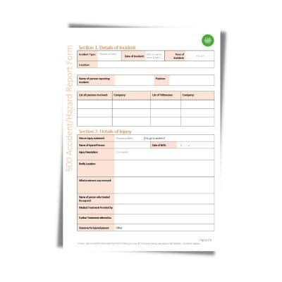 The Accident/Hazard Report Form 500, printed on white paper with a light orange sidebar, displays fields for incident details, injured person details, type of injury, and witness information.