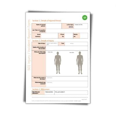 A Injury/Incident Report Form 501 features sections for details of the injured person, specifics of the injury, and witness information with diagrams of a human body for indicating injury locations.