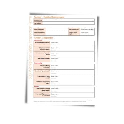 A Workplace Safety Inspection Form 503 with sections for business details and inspection specifics, including fire extinguisher availability, emergency exits, hazard identification, and more.