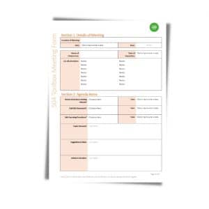 Image of a Toolbox Meeting Form 504. The form includes sections for meeting details, agenda items, and topics discussed, with fields for specific information to be filled out.