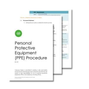 A stack of documents with a front page titled "Personal Protective Equipment (PPE) Procedure 201" and a company logo placeholder. The document outlines PPE policies and responsibilities for employees.