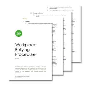 Four stacked pages titled "Workplace Bullying Procedure 202," showing text and organization logo. The visible text outlines the purpose, management's role, and process in handling workplace bullying.