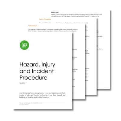 Image showing a set of documents titled "Hazard, Injury and Incident Procedure 204." The documents include sections for debriefing, safety committee, and company responsibilities.