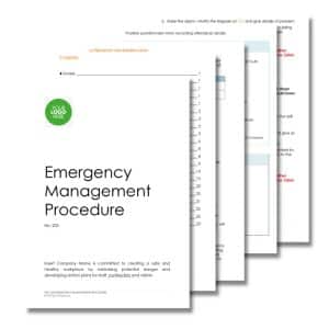 A document titled "Emergency Management Procedure 205" with visible sections and text, including a table of contents and a company logo.