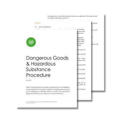 Three stacked documents titled "Dangerous Goods & Hazardous Substance Procedure" with visible text and logos, integral to the Work Health and Safety Management System 302.