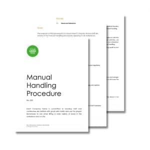 Stack of documents titled "Manual Handling Procedure 208" with the number 286 on the cover page. The top page outlines the intent, objectives, and scope of the procedure.