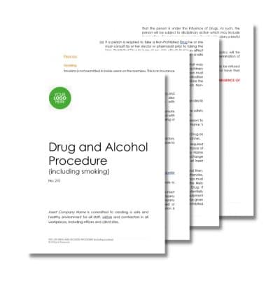 A document titled "Drug and Alcohol Procedure (including smoking) 210" displayed with three behind it. The document includes procedural details and a "Your Logo Here" placeholder.