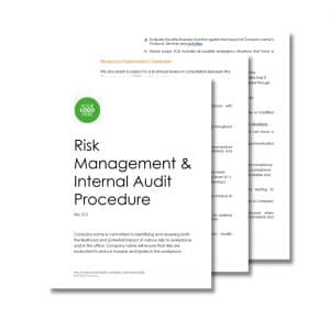 Two overlapping pages of a document titled "Risk Management and Internal Audit Procedure 213," with comprehensive policy details and a section for workplace participation on the second page.