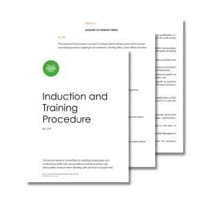 Three documents titled "Induction and Training Procedure," featuring a cover page with descriptive text, two pages of procedural details, and a glossary of common terms, all seamlessly integrating into our Quality Management System 300 framework.