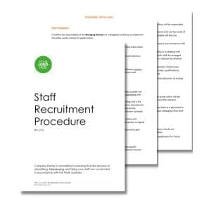 Image of a document titled "Staff Recruitment Procedure 216" pertaining to HR guidelines on interviewing and hiring, with multiple sheets displaying detailed procedures and responsibilities.