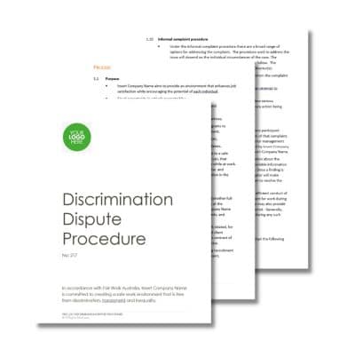 Stacked documents titled "Discrimination Dispute Procedure 217" display sections on informal complaint procedure and purpose. The first document features a logo placeholder at the top left corner.