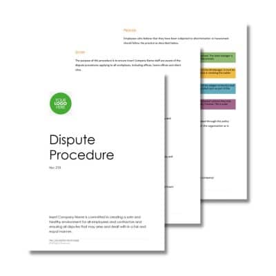 A three-page document titled "Dispute Procedure 218" featuring company branding. The first page includes the title, procedure number, and corporate logo. The other pages contain text and colored sections.