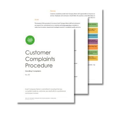 Two documents titled "Customer Complaints Procedure 219" show a white cover page with text and a company logo, while the second page features a multicolored text section titled "Process.