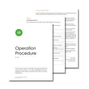 Three documents are displayed, with the first titled "Operation Procedure 220." The other two documents appear to be parts of a "Code of Conduct Policy" and detailed process steps.