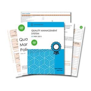 Several documents are displayed, including a "Quality Management System 300" manual, a yearly planner, and policy documents. The "Quality Management System 300" manual features a blue cover with geometric patterns and a ribbon icon.