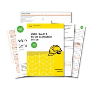 A set of documents titled "Work Health and Safety Management System 302" featuring a cover with a yellow hard hat illustration and additional pages with text and tables in the background.