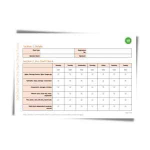A Daily Plant Pre-Start Checklist Form 509 with sections for plant details and a pre-start check. The form includes checkboxes for each day of the week to verify items like lights, hydraulics, and the operator’s manual.