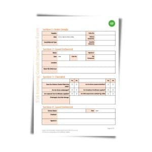A document titled "Incoming Goods Inspection Form 516" with sections for order details, Incoming Goods Inspection, a checklist, and more goods delivered.