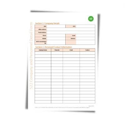 An empty "Company and Personal Detail Form 522" with sections for Company Details and Personnel Contact Information. The form includes fields for contact details and positions.