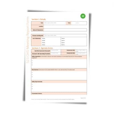 OHS Meeting Report Form 523 includes sections for meeting details, agenda items, task risk assessments, safety inspections, and recommendations. The form features orange highlights with a green logo at the top.