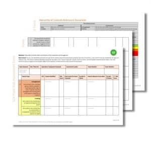 Close-up of overlapping risk assessment forms, including a "Hierarchy of Controls Reference Document" and a "Plant Risk Assessment Form 524," featuring tables and charts for hazard identification and control measures.