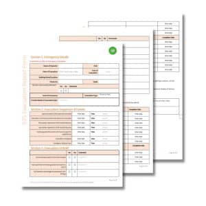 Three stacked forms titled "Evacuation Report Form 525" showing sections for emergency details, evacuation sequence of events, and evacuation debrief, with fields for names, dates, times, and comments.
