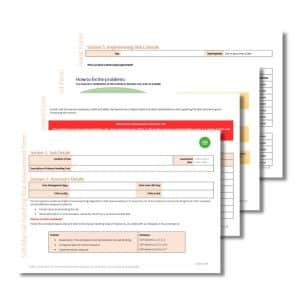 Three overlapping pages from a Manual Handling Risk Assessment Form 526 are displayed, showing sections for implementing risk controls, task details, and assessors' details with various fields and instructions.