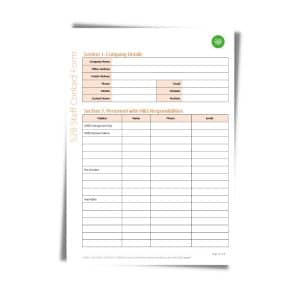 A blank "Staff Contact Form 528" with sections for company details and personnel with H&S responsibilities, including fields for names, positions, phone numbers, and emails.