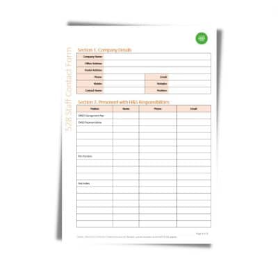 A blank "Staff Contact Form 528" with sections for company details and personnel with H&S responsibilities, including fields for names, positions, phone numbers, and emails.