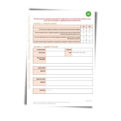 Image of an External Plant – Machinery Hire Checklist Form 531 with sections for hire details, supplier details, inspection information, and acknowledgment signatures. The form includes checkboxes, fields for notes, and contact numbers.