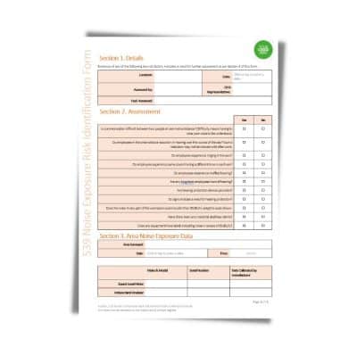 The Noise Exposure Risk Identification Form 539 features sections for details, assessment, and area noise data, including fields for location, date, task details, and checklist items.