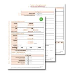 Three overlapping Pre-employment Medical Assessment Form 542 forms for pre-employment purposes, labeled from sections 1 to 6. These forms include fields for employee information, medical history, and hearing assessment details to ensure candidates complete a Pre-employment Medical Assessment Form 542 and meet physical and mental expectations.