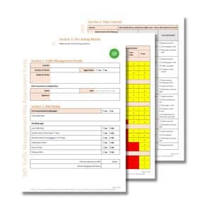 Image of a Traffic Management Risk Assessment Form 545 displaying sections for Traffic Management Details, Risk Rating, and Site Rating Matrix with various fields and colored rating scales.