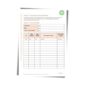 A product titled "Emergency Evaluation Practice Form 547" includes sections for evacuation practice guidelines and record-keeping details.