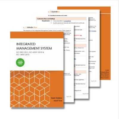 A stack of documents labeled "Integrated Management System 306" with an orange and white cover, featuring visible text on subsequent pages discussing ISO standards.