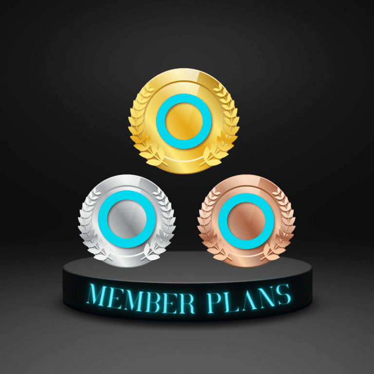 Three medals (gold, silver, and bronze) are displayed on a black pedestal with the text "Subscription Plans" illuminated below them.
