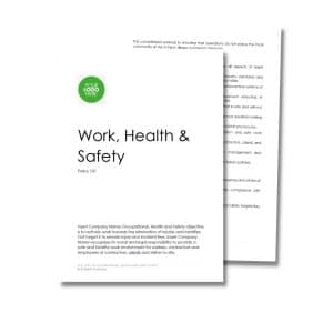 Two overlapping documents titled "Work, Health and Safety Policy 101" with placeholder text under the sections. The top of the document features a green circle with "Your Logo Here" text.