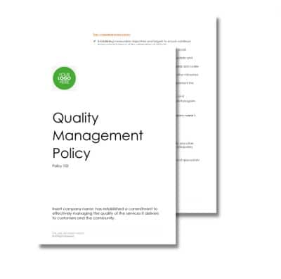 A document titled "Quality Policy 103" displays a green circle at the top left for a company logo. The visible text outlines the company's commitment to quality services.